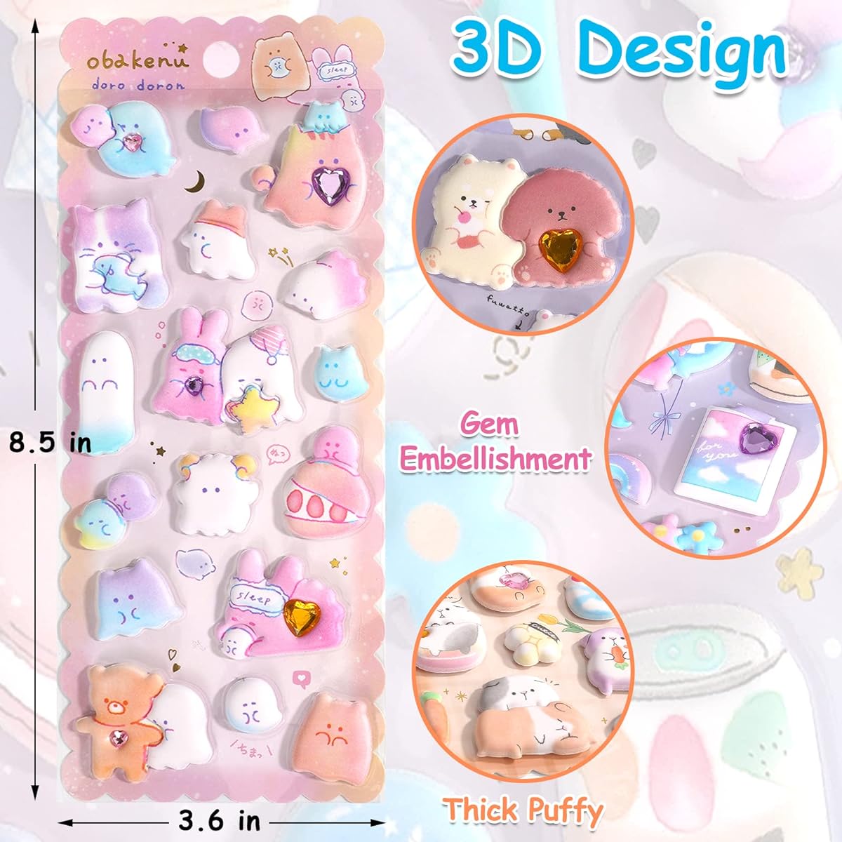 Thick Fluffy Stickers for Kids Girls Cute Kawaii Japanese Soft Stickers for Teens Large 3D Squishy Stickers Playset with Gemstone Decoration Reusable Puff Stickers Stationery Phone Case Christmas Gift 6 Sheets