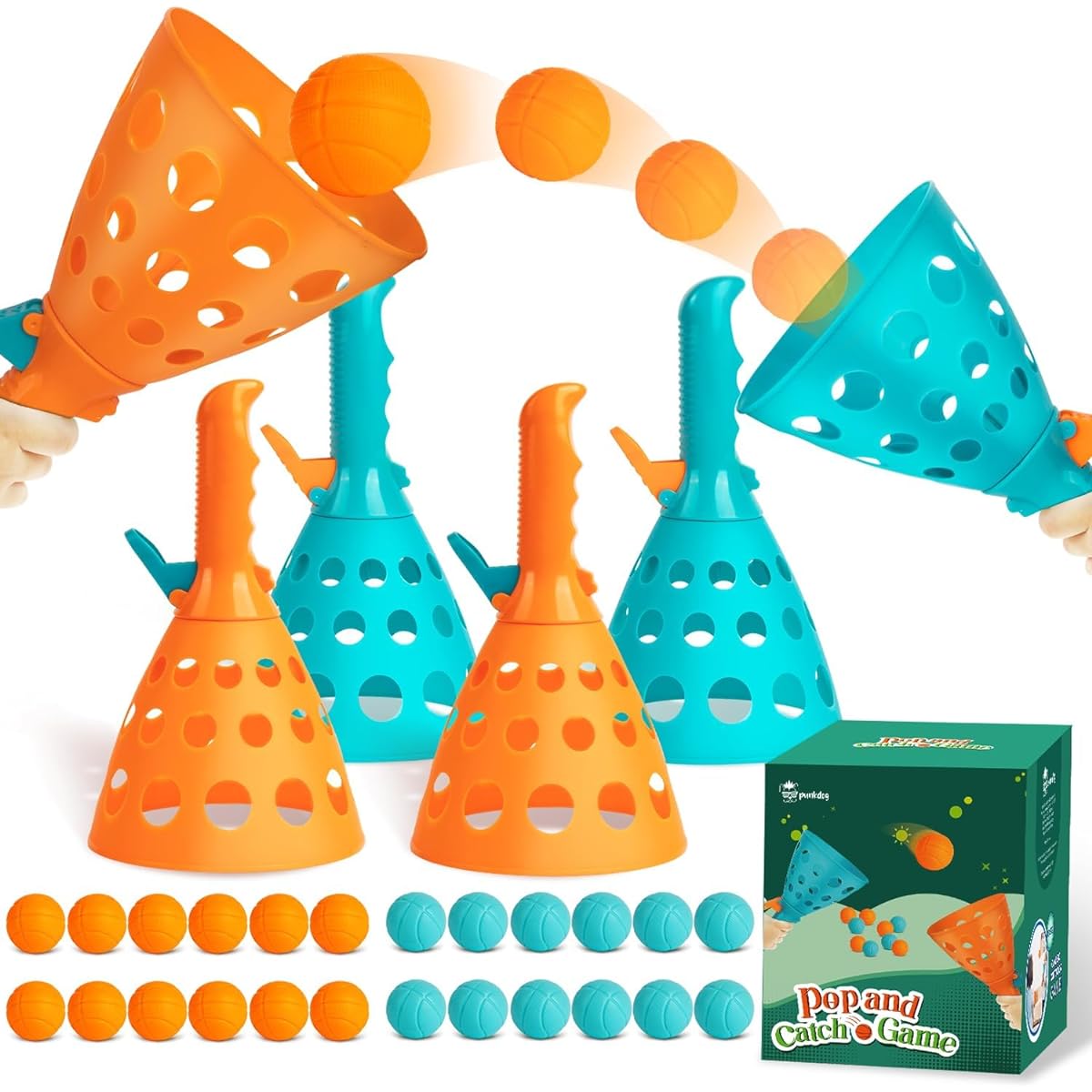 Pop & Catch Ball Game with 10 Balls and 4 Catch Launcher Baskets - Outdoor Indoor Game Activity Valentine's Day Gift Lawn Camping Yard Sports Toy for Ages 4 5 6 7 8 10 12+ Adults
