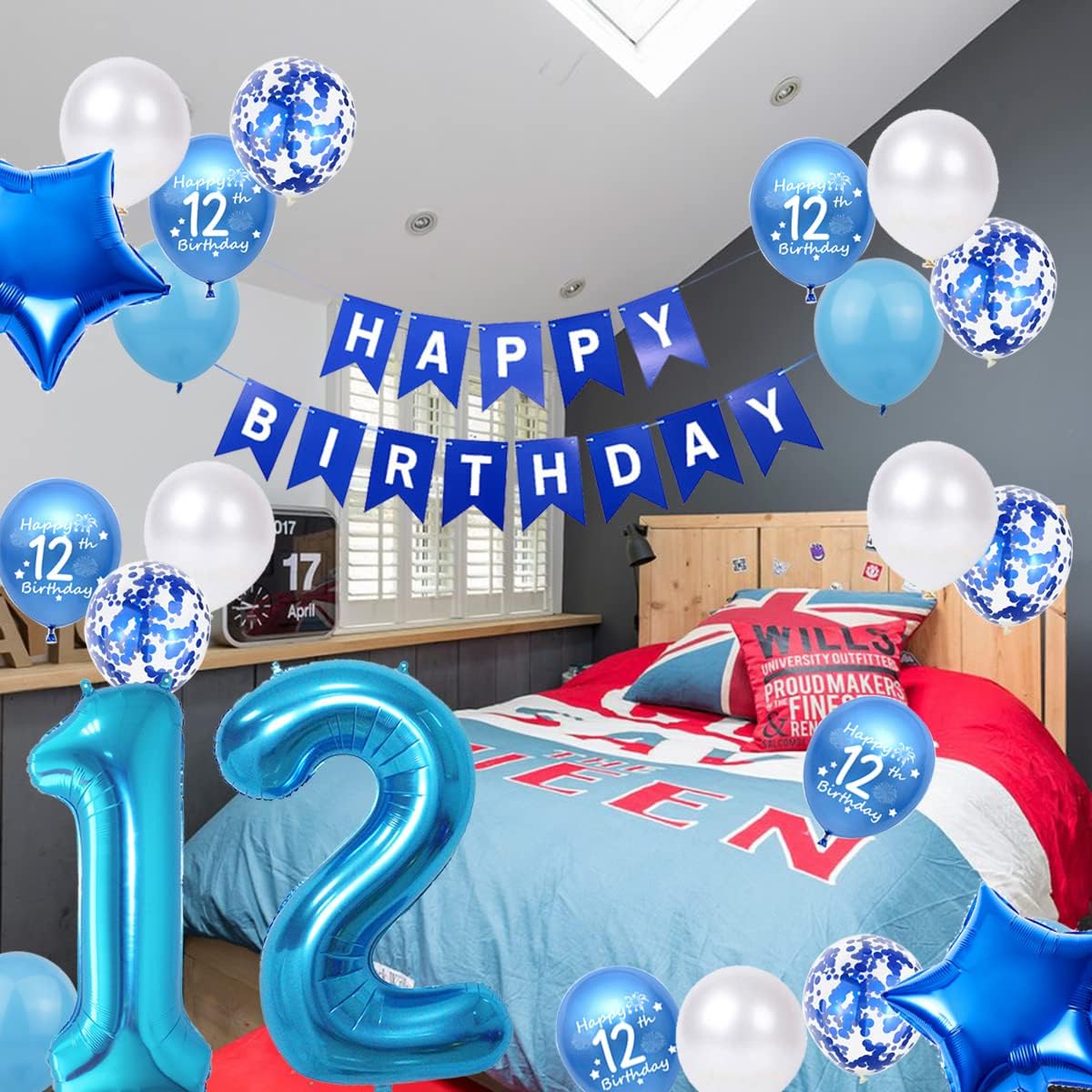12th Birthday Party Decorations Blue for Girls 12th Birthday Banner Blue Number 12th Birthday Foil Balloons Confetti Balloons for Boys Son 12th Birthday Supplies (12 Year Old Blue)