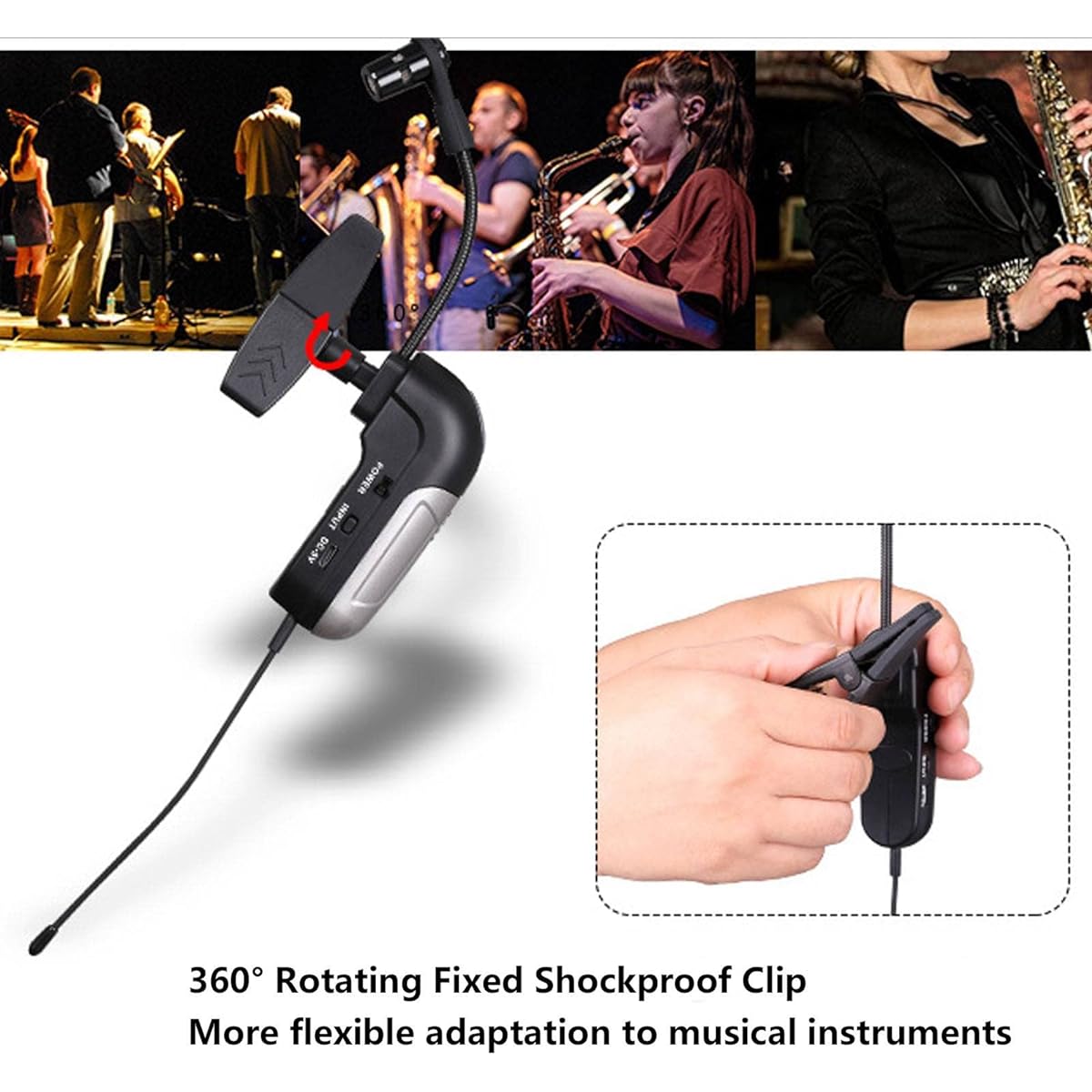 Pickup Instrument Microphone Wireless Instrument Microphone with 360° Rotating Fixed Clip for Saxophone Clarinet Trumpet Tuba Horn Trombone