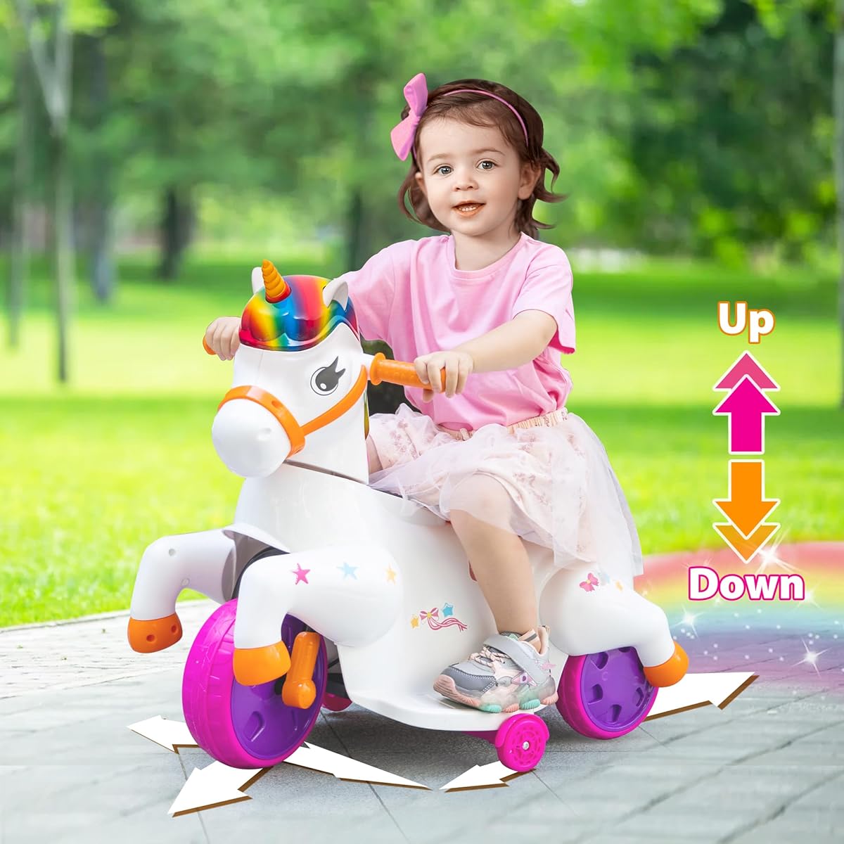 TOBBI Ride on Rainbow Unicorn Car Baby Rocking Horse Toy for Girls Motorized Animal Ride-on Toy Mechanical Riding Horse Pony Bike with Smooth Rolling Wheels Ages 36 Months to 6 Years