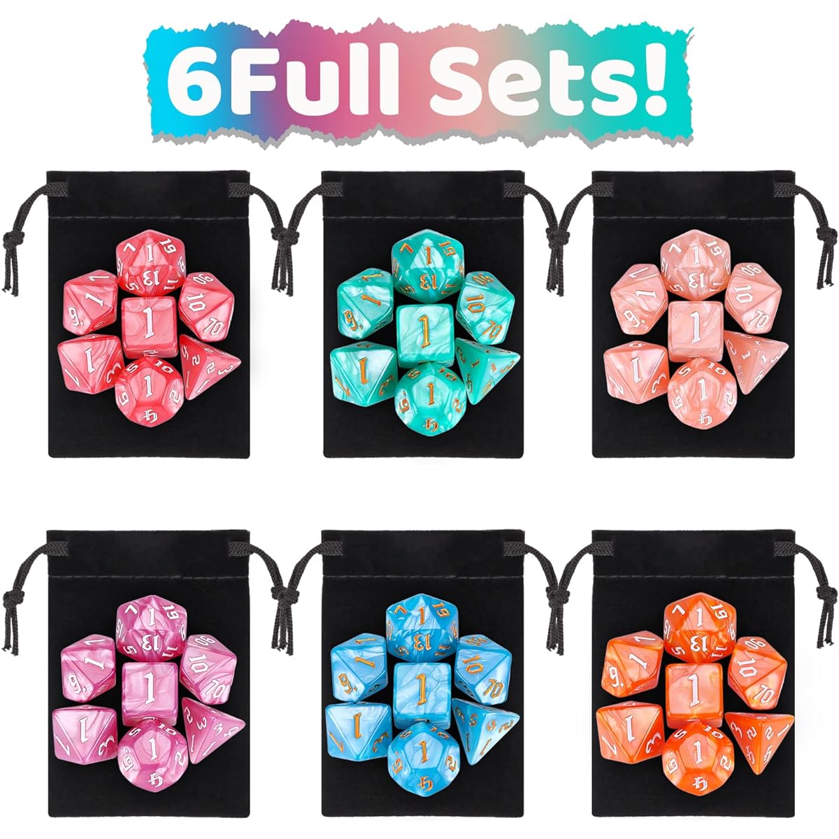 DND Dice Surhugvy 6 x 7 (42pcs) Polyhedral Dice Set Dungeons & Dragons DND RPG MTG Tabletop Game with 6 Black Bags