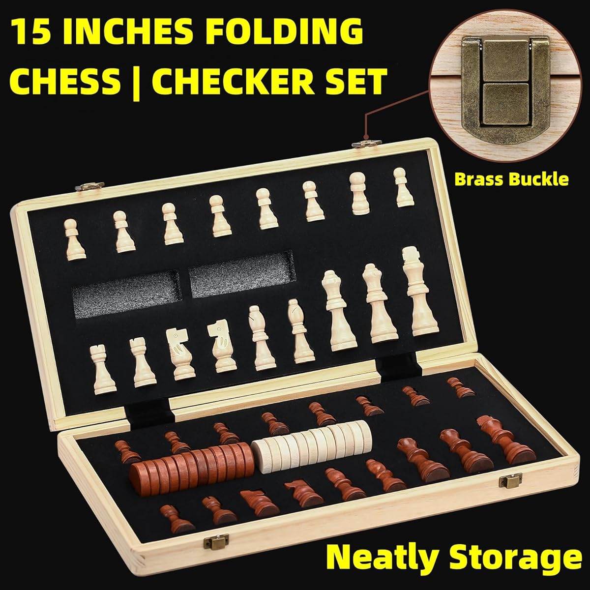 Kiapeak Chess Board Set, 15" Wooden Chess Set for Adults & Kids, Checkers Board Game, Handmade Folding Chess Board with 2 Extra Queens