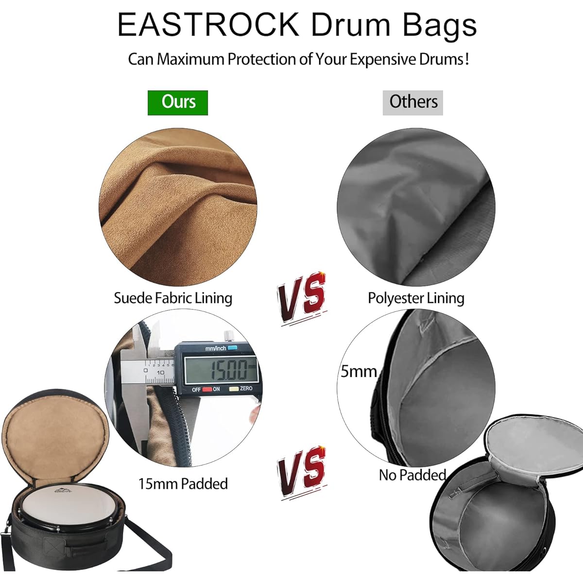 EASTROCK 14" x 5.5" Snare Drum Bag Snare Drum Case 15mm Thick Pad Drum Protection (14 x 5.5" Snare)