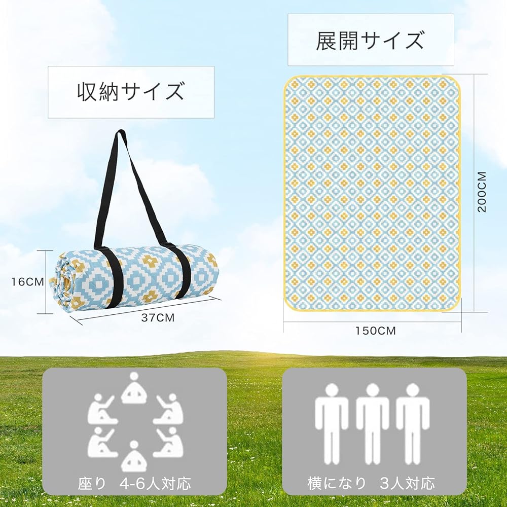 ddLUCK Leisure Sheet, 4 Layer Structure, Thick 150*200CM, For 3-6 People, Waterproof, Insulated Picnic Sheet, Compact Storage, Portable, Compact, Large, Foldable, Outdoor, Storage Bag Included (Light Blue)