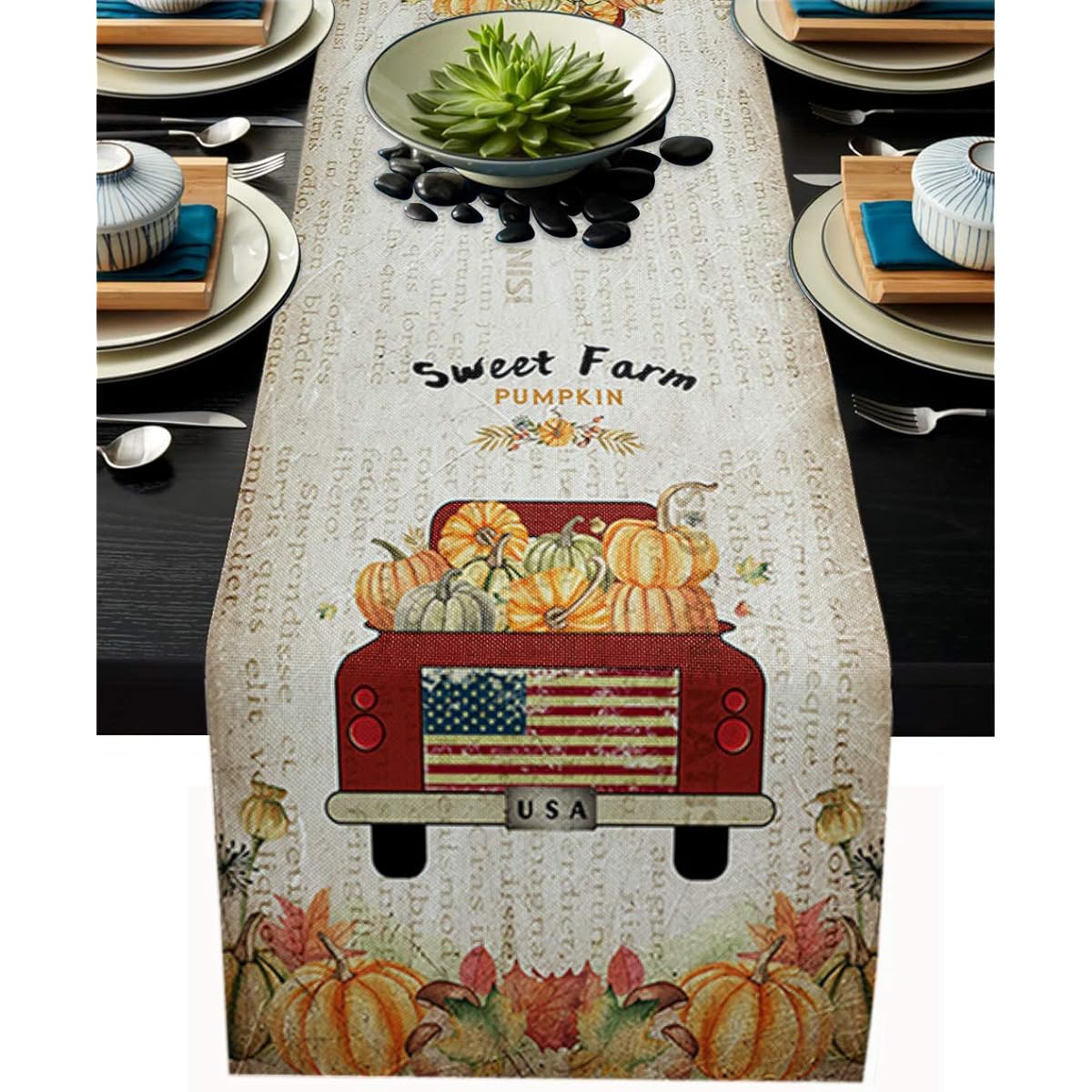 TrendyChic Thanksgiving Table Runner 14" x 72" Burlap Linen Table Runner Easy Care Farmhouse Kitchen Table Runner Patio Family Dinner Office Table Rustic Red Truck Sweet Farm Pumpkin