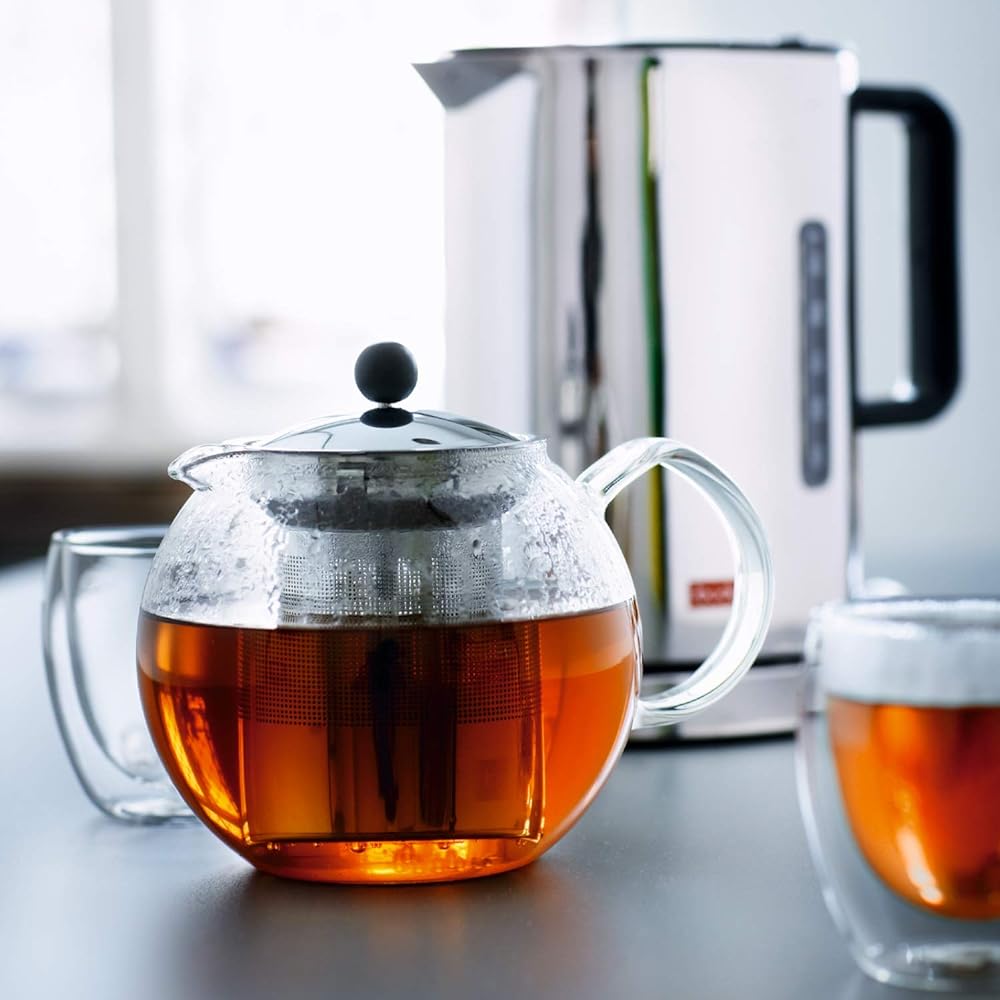 BODUM Teapot Tea Maker ASSAM Tea Press 1000ml Silver Black Tea Green Tea Chinese Tea Herbal Tea Fruit Tea Stainless Steel Filter Glass Beaker Over Extraction Prevention [Genuine Product] 1801-16
