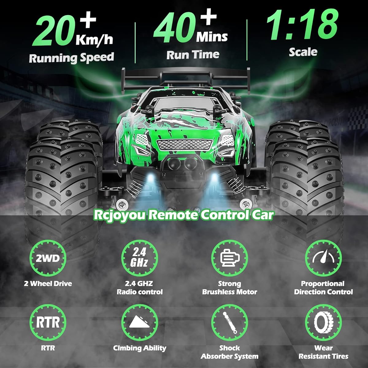 LXL1115b617Rcjoyou RC Cars,All Terrain Remote Control Car,2WD 2.4 GHz Off Road High Speed 20 Km/h RC Monster Truck Racing Cars with LED Headlight and Two Batteries, Xmas Gifts for Kid and Adults