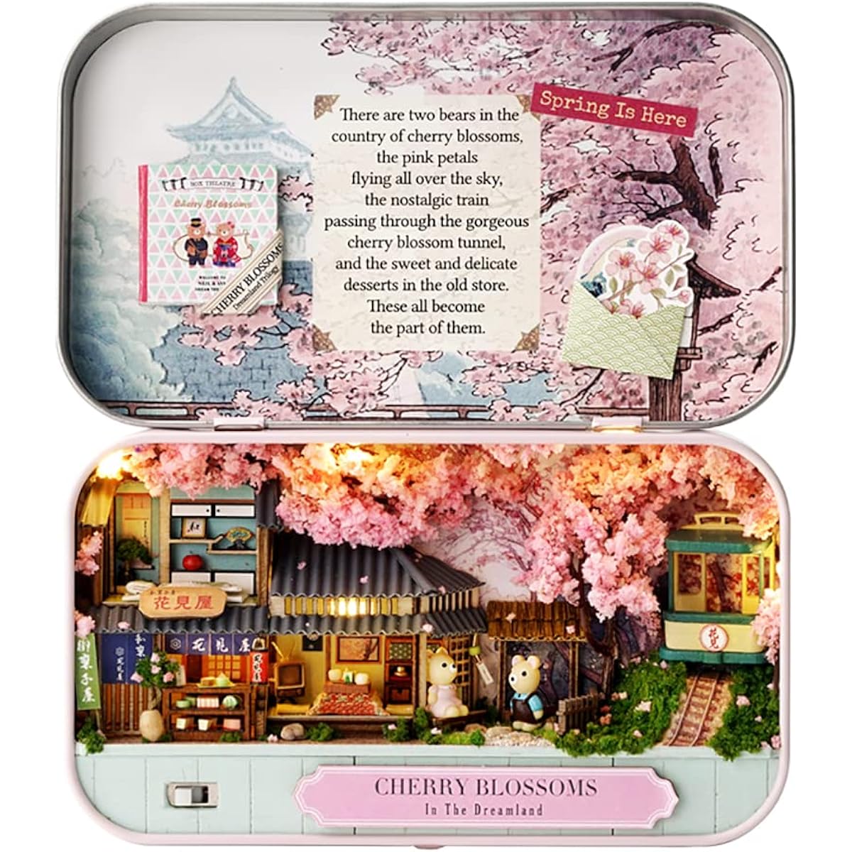 eveseed DIY Iron Miniature Box Theatre Dollhouse Craft Kit Wooden Dollhouse Puzzle Led Light Furniture Kit Birthday Gift (CHERRY BLOSSOMS)