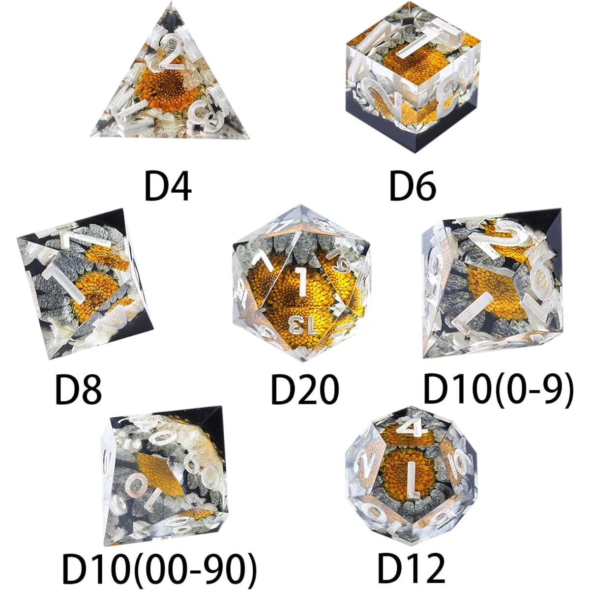 AUSPDICE DND Dice Dungeons & Dragons Dice 7 Pieces Polyhedral Resin D&D Dice Set with Sharp Edges and Beautiful Inclusions for Tabletop RPG Players (Eternal Flower)