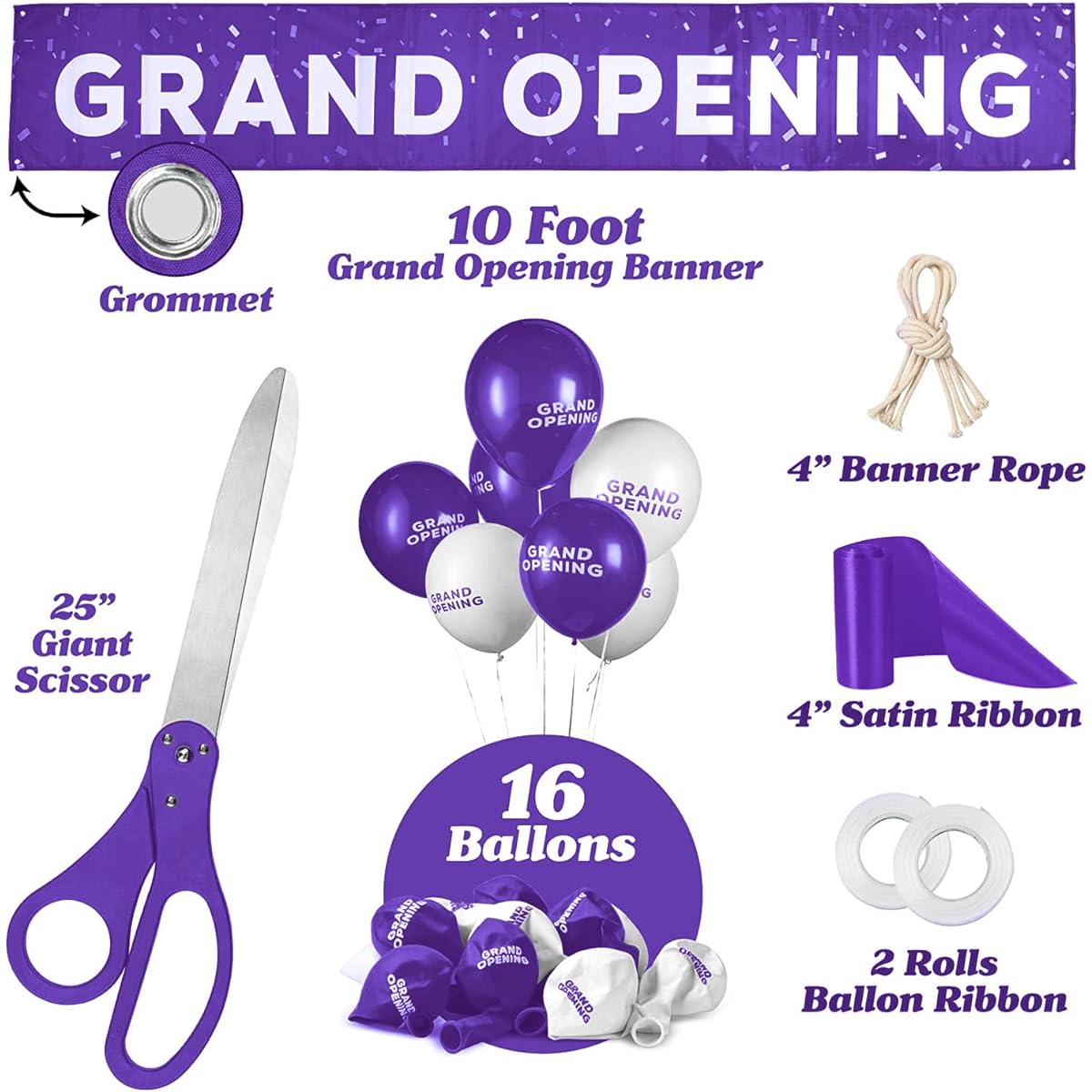 Deluxe Purple Grand Opening Ribbon Cutting Ceremony Kit - 25" Giant Scissors with Purple Satin Ribbon, Banners, Ribbons, Balloons, and More
