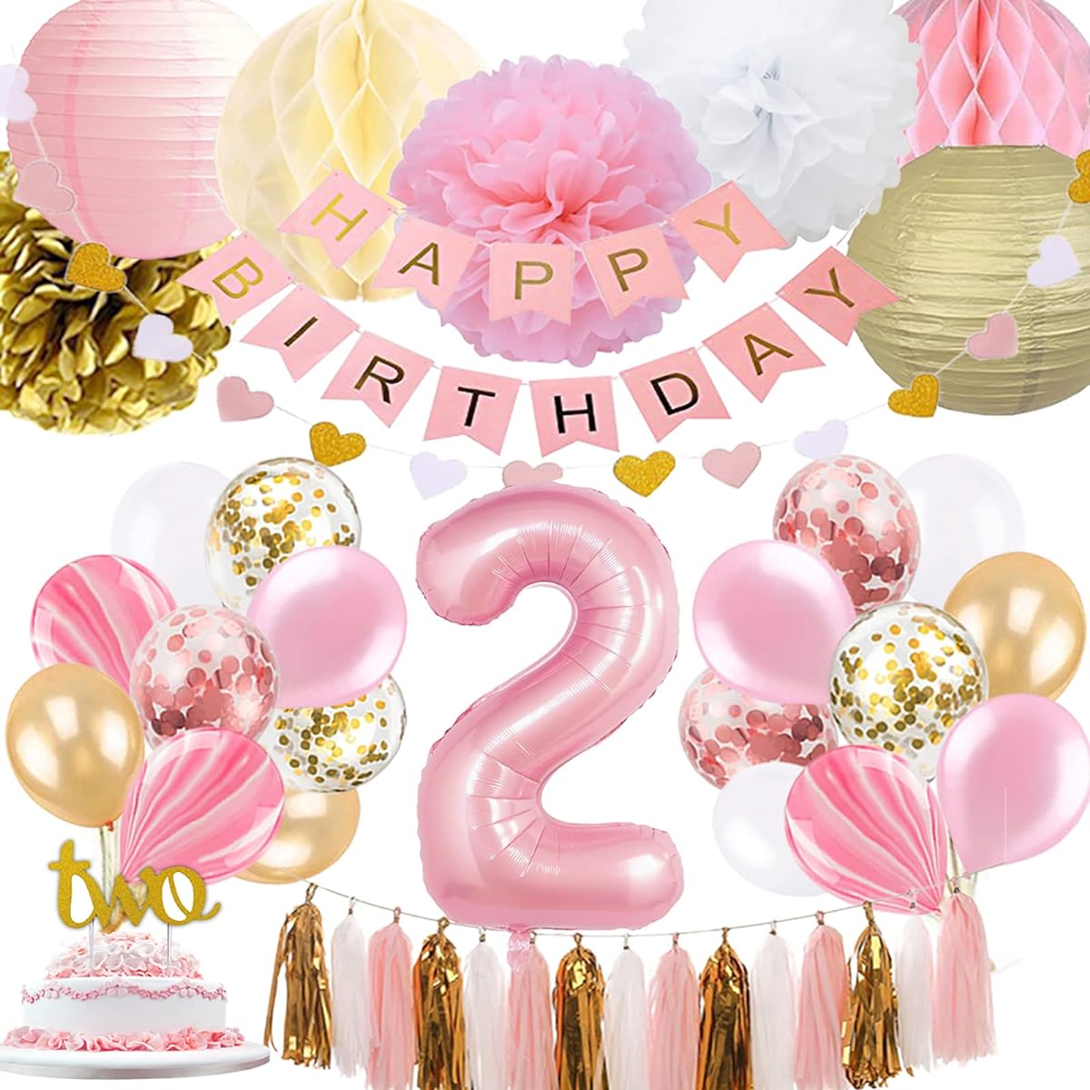 2nd Birthday Girl Decorations, Girl 2 Birthday Decorations with Happy Birthday Banner, Number 2 Balloons Pink and Gold Party Supplies Decorations 2nd Birthday