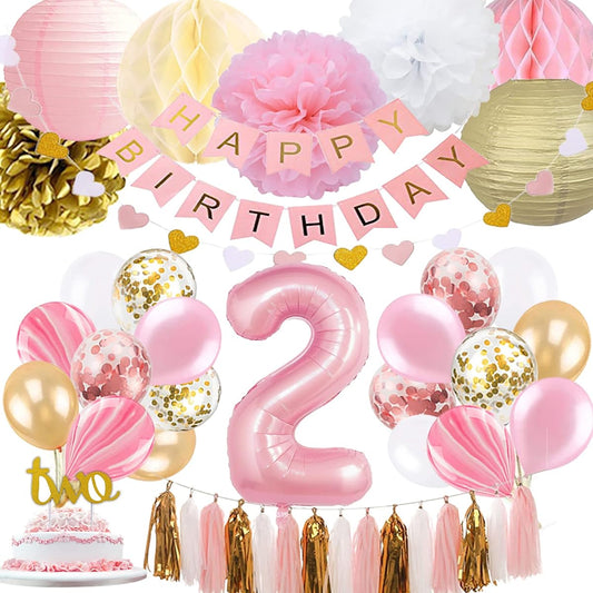 2nd Birthday Girl Decorations, Girl 2 Birthday Decorations with Happy Birthday Banner, Number 2 Balloons Pink and Gold Party Supplies Decorations 2nd Birthday