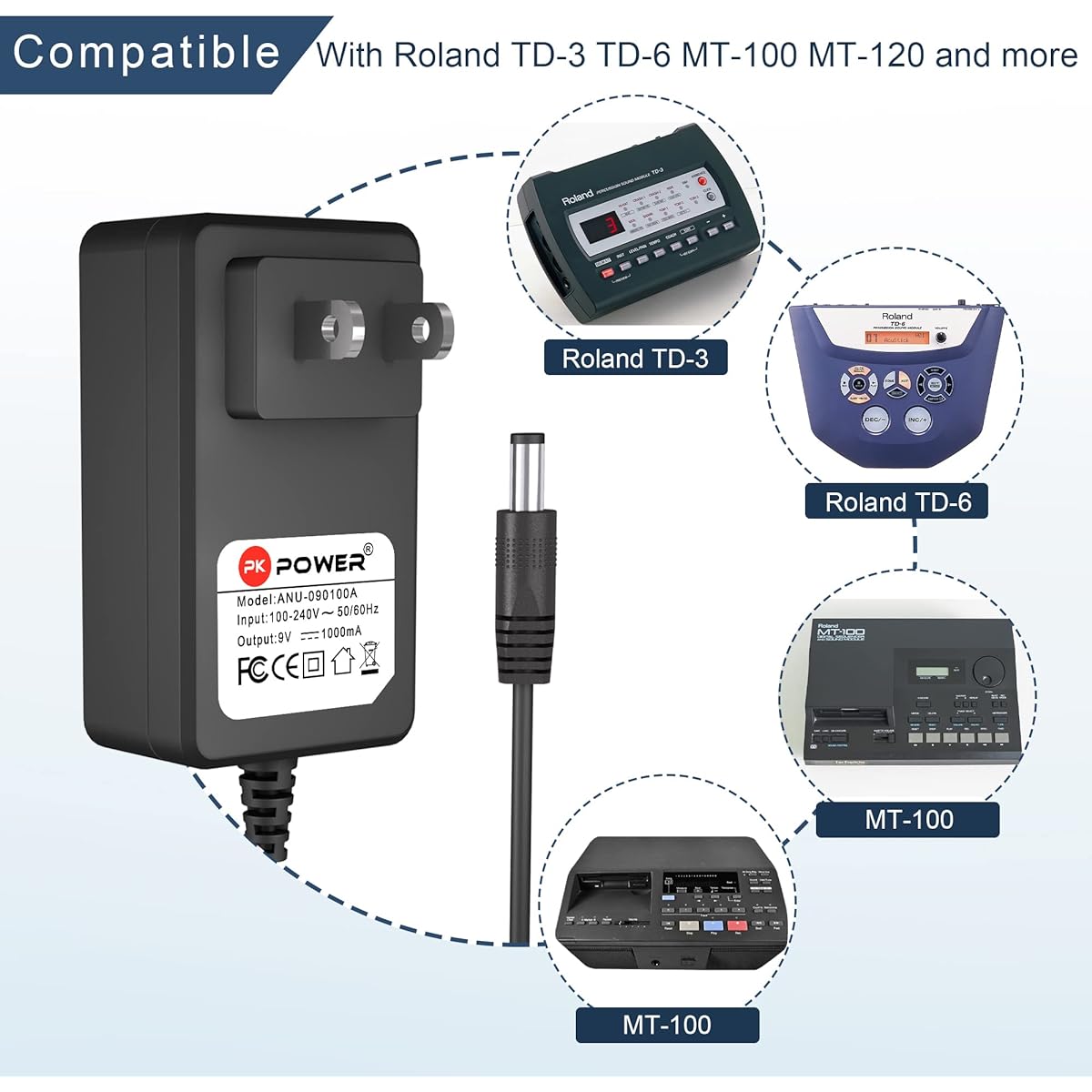 PKPOWER Power Adapter Roland GT-10 GT-10B BCB-60 BR-80 BR-800 BR-864 CP-40 CN-20 CR-1000 Multi Effect Pedal Power Cord