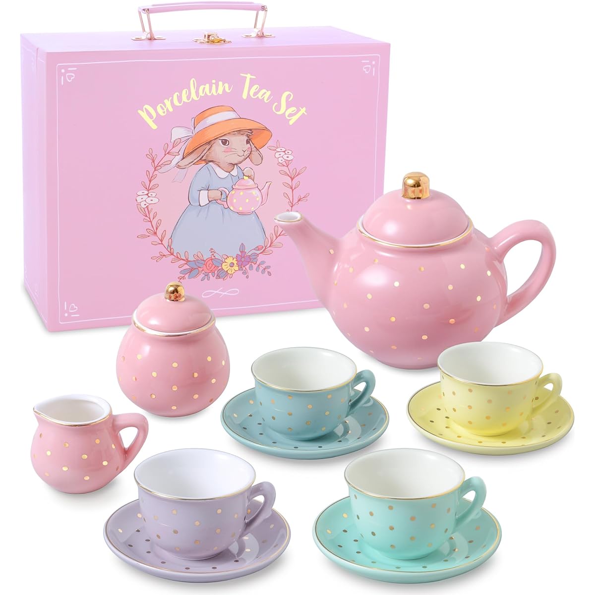 Porcelain Tea Set for Girls - Pastel and Gold Polka Dot Tea Party Set for Kids I Complete Kids Tea Set with Carry Case Birthday Gift for Little Girls and Toddlers
