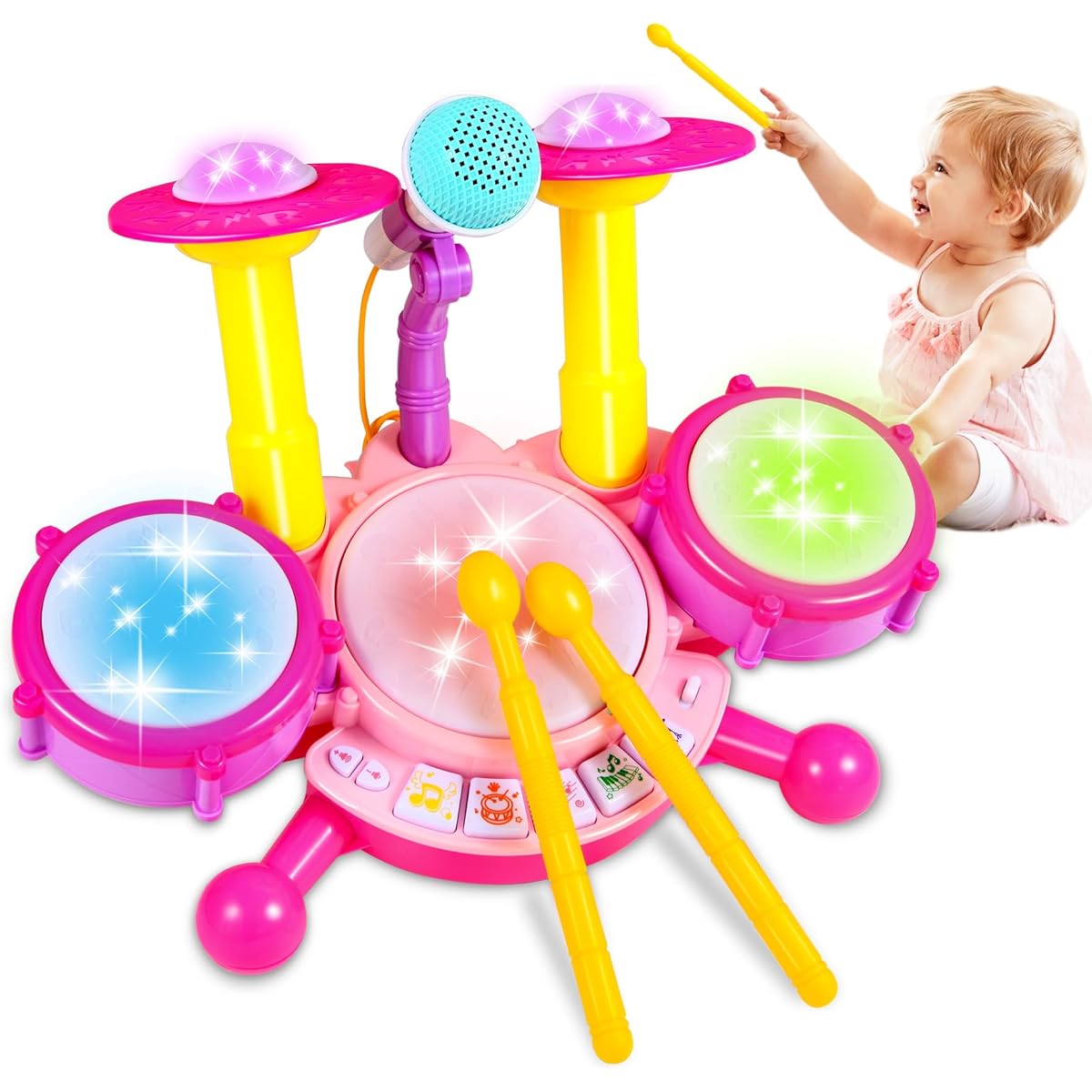 Cozybuy Kids Drum Set for Toddlers Ages 1-3, Gifts for 1 Year Old Girls, Toddler Drum Toy with 2 Drumsticks, Beat Flashlight and Adjustable Microphone, Baby Girls Toys, Birthday Gifts for 1-6 Year Old Girls