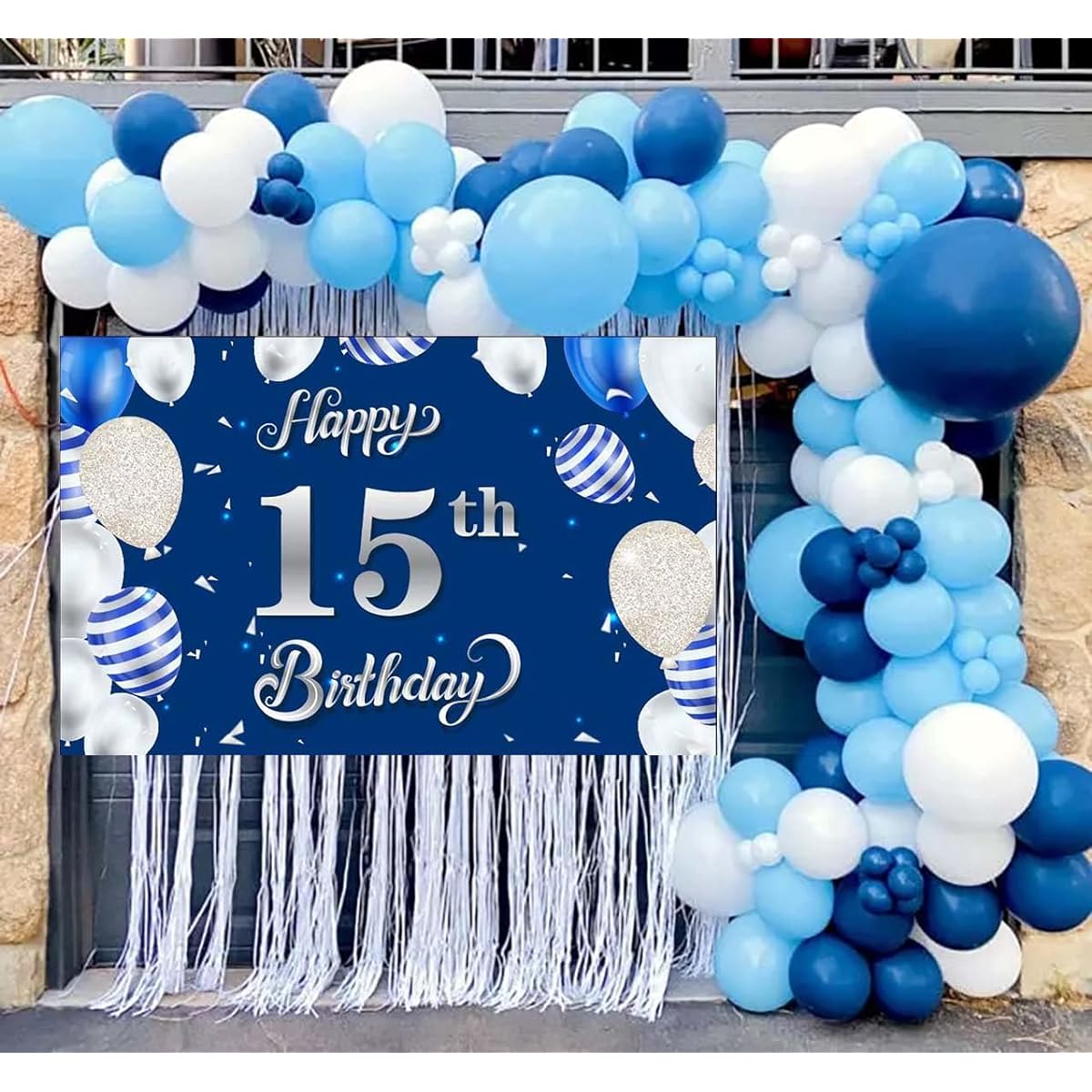 15th Birthday Banner Backdrop Blue Silver 15th Birthday Party Decorations 15th Birthday Background Sign Poster Photo Booth Props Photography Backdrop for Boys 15th Birthday