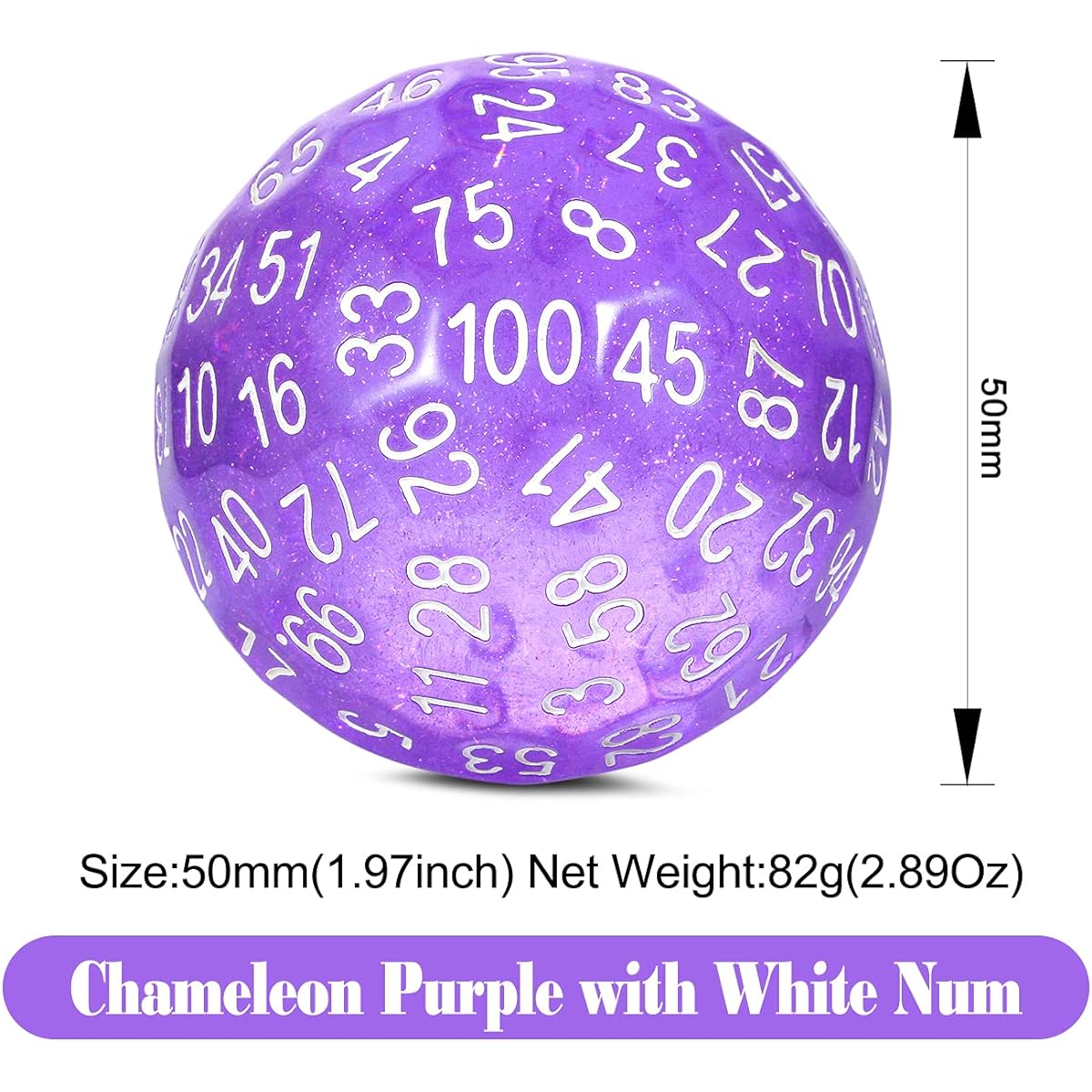 Glitter Purple D100 Dice DNDND 100 Sided Dice with Transparent Pouch for Dungeons & Dragons Chameleon Purple with White Numbers