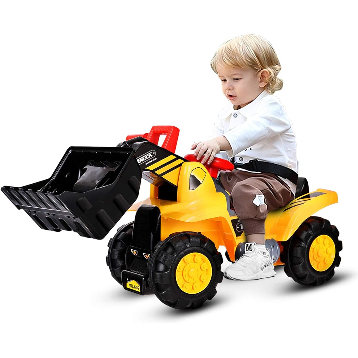 Giantex Children's Bulldozer Truck Excavator Construction Vehicle Pretend Play Slide Tractor with Multiple Sounds Push Bucket Low Seat Non-Slip Tire Front Loader Ride-on Large Size