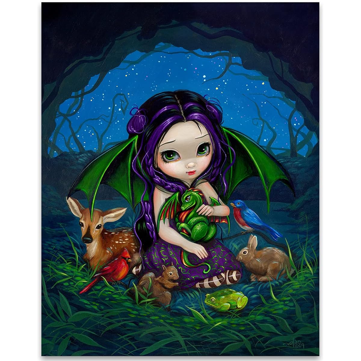Strangeling Dragonling Garden With Other Animal - Gothic 11 x 14 Unframed Boho Magical Art Print Poster - Great for Fairycore, Fantasy, Magic, Goth Decor Makes a Great Gift for Gamers Under $15