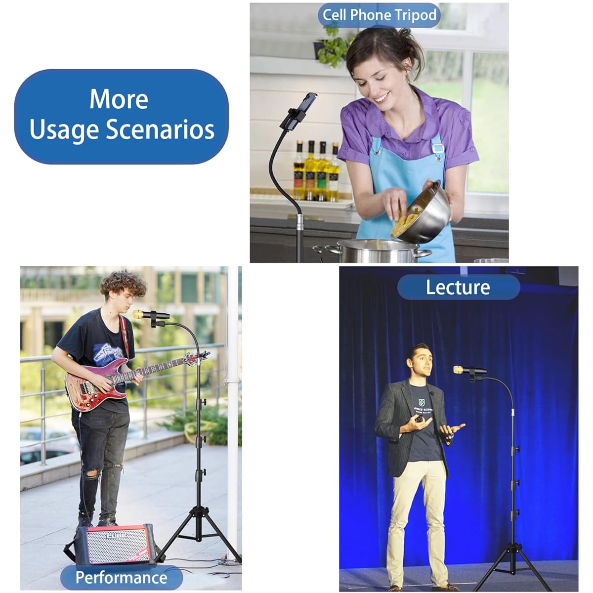 KEREAL Microphone Stand Compatible with Most Microphones Gooseneck Microphone Stand Height Adjustable with Mobile Phone Holder 2 Microphone Clips for Studio/Stage/Karaoke/DJ/Kids