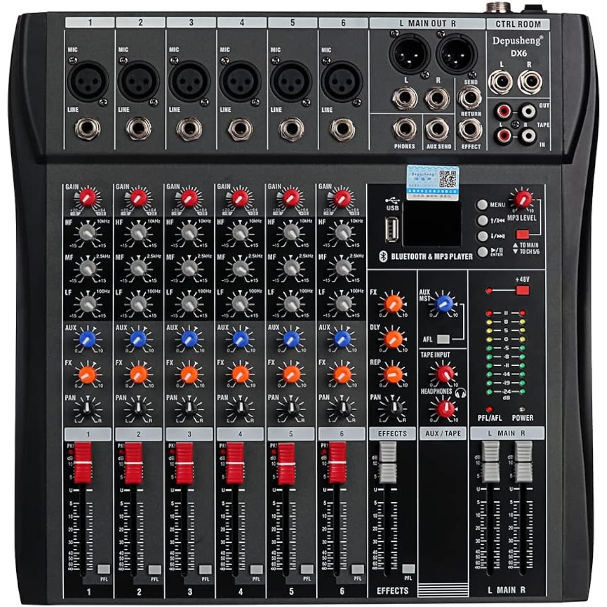 DJ Sound Controller Interface W/USB Drive Computer Recording 6 Channel Studio Audio Mixer - XLR Mic Jack, 48V Power, RCA Input and Output - Depusheng DX6