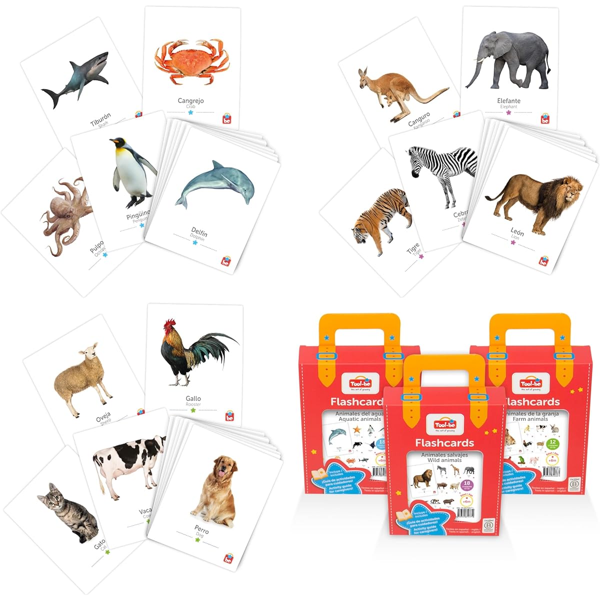 Tool-be Animal Flashcards 3 Pack | Farm, Aquatic and Wild Animal Bilingual Flashcards for Babies and Toddlers | 48 Realistic Pictures | Spanish-English Games