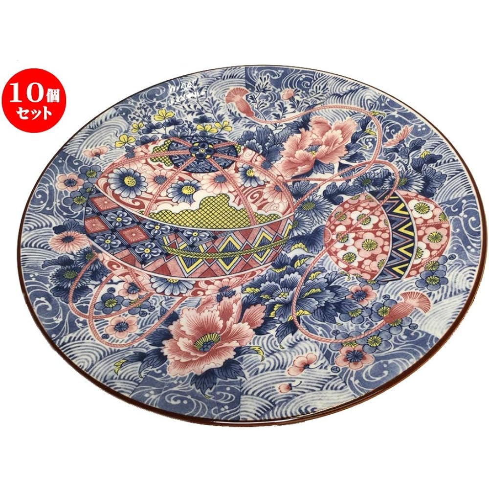 Set of 10 Banko Ware Large Plate Temari Peony 12.0 Large Plate [365 x 45mm] Earthenware Japanese tableware for inns, restaurants, restaurants, commercial use