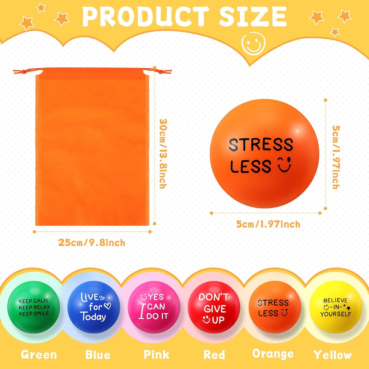 Motivational Stress Balls, 48 Pieces Stress Relief Balls with Quotes, Colorful Foam Balls, Inspirational Small Balls, Hand Exercise Toys, Storage Bag for Kids Adults, Relax, Motivate, Encourage Yourself