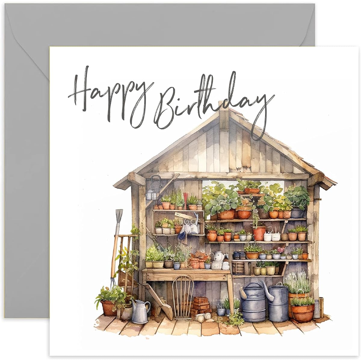 Old English Co. Gardener's Happy Birthday Card - Potting Shed Watercolor Birthday Card for Her - Flower Vegetable Birthday Card for Mom, Dad, Grandparents | Blank Inside with Envelope