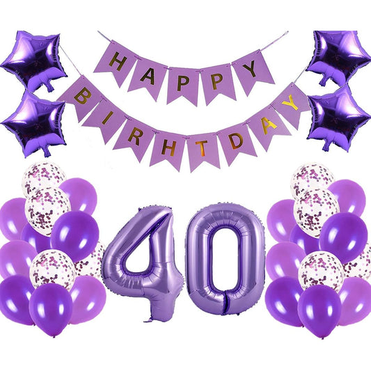 40th Birthday Party Decorations Kit,Happy Birthday Banner,Number 40 Birthday Balloons,Birthday Party Supplies,40th Purple Birthday Party Pack