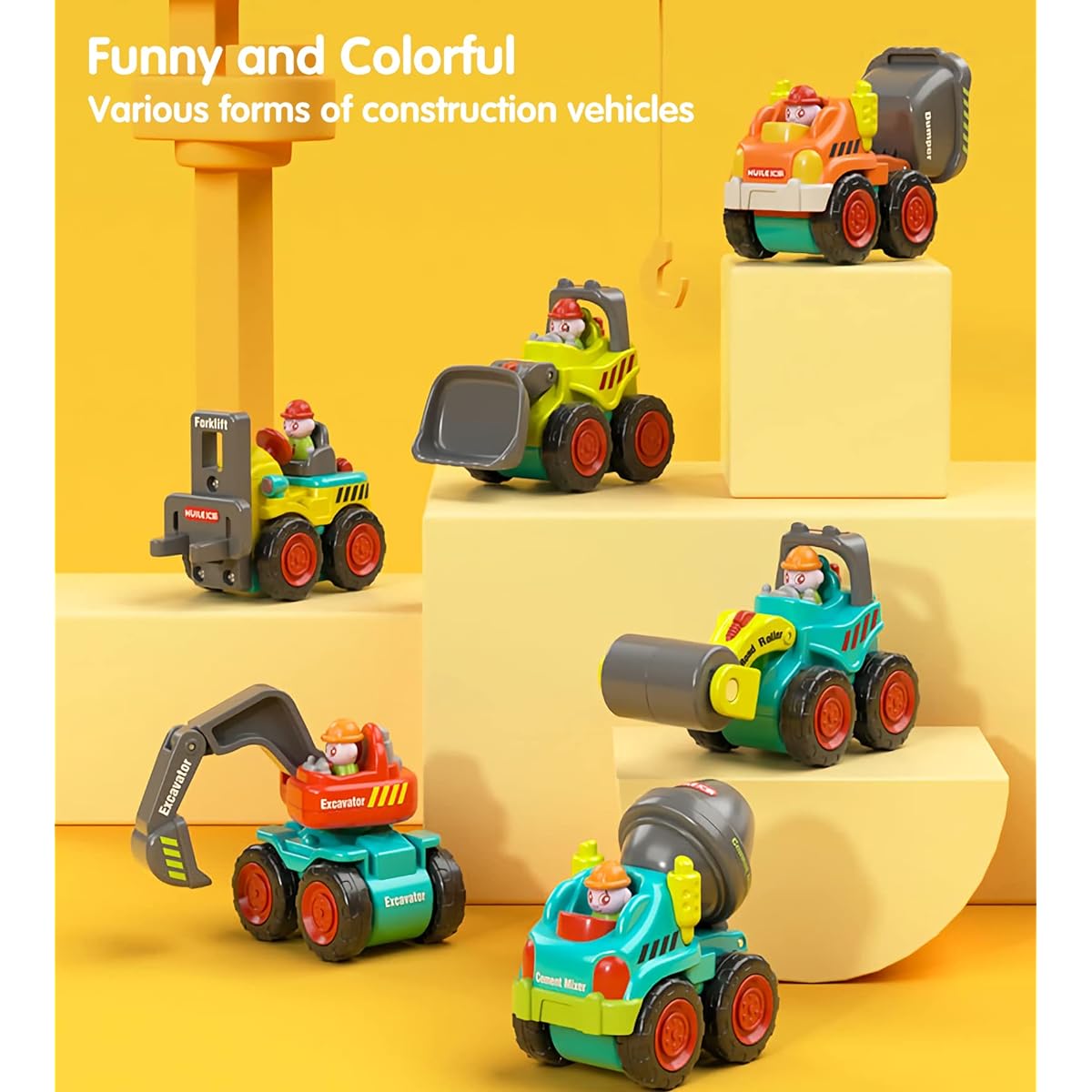 ChoiQua Construction Vehicle Toys for Toddlers - Excavator, Bulldozer, Cement Mixer, Forklift, Road Roller, Dumper, Construction Vehicle Toy Gift for 12-18 Months Boys (6 Pack)