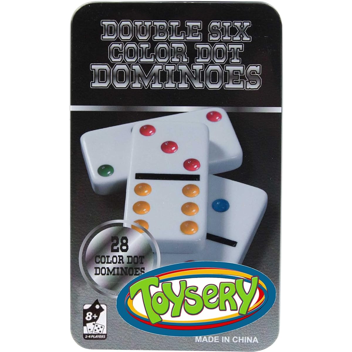Toysery Double 6 Colour Dot Dominoes Game Set - White Dominoes 28 Piece Set Toy in Tin Case - Six Dot Dominoes Match & Educational Game