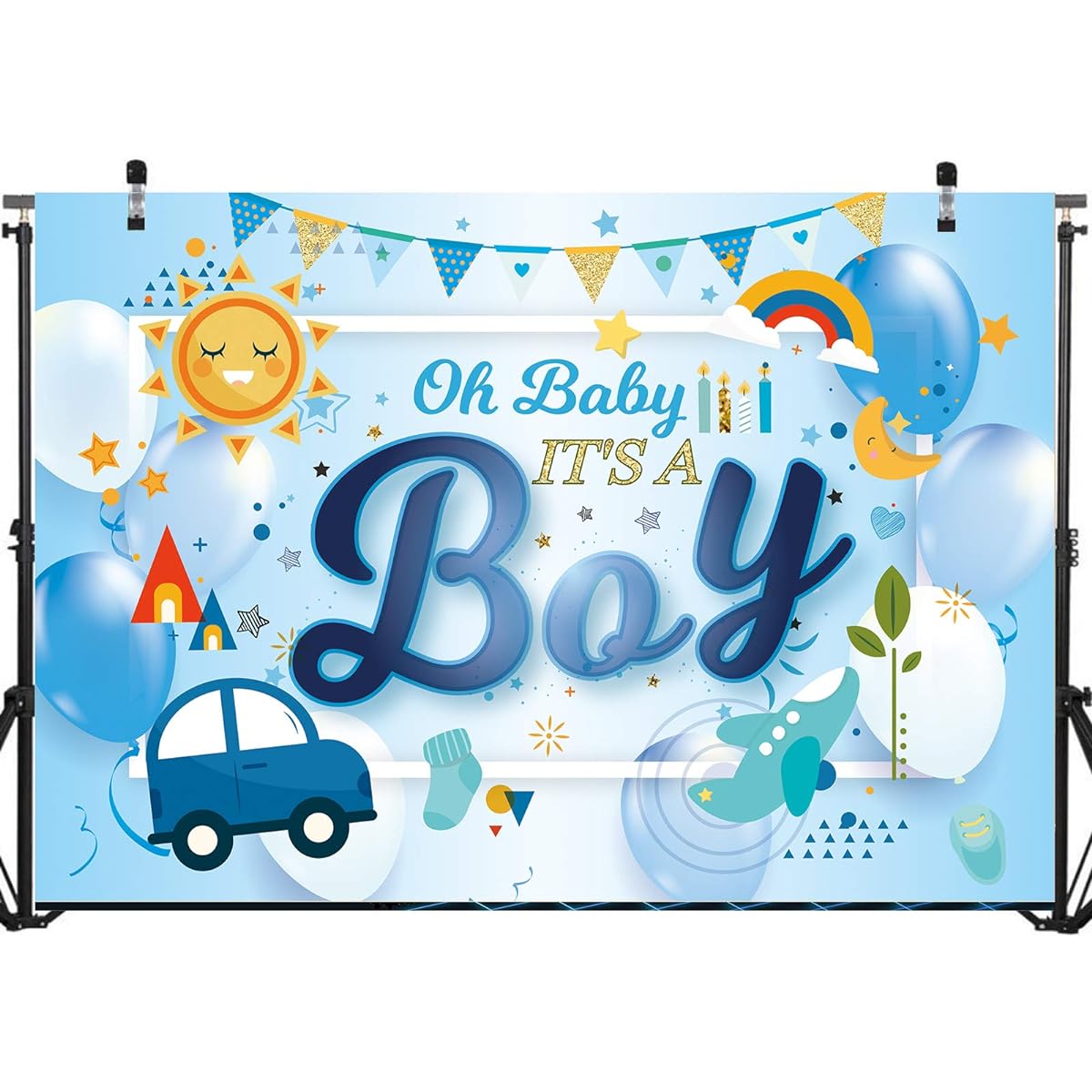 Oh Baby It's a Boy Baby Shower Birthday Party Backdrop Newborn Boy Balloon Car Baby Shower Banner Blue Party Supplies Decorations 71 x 49 inches