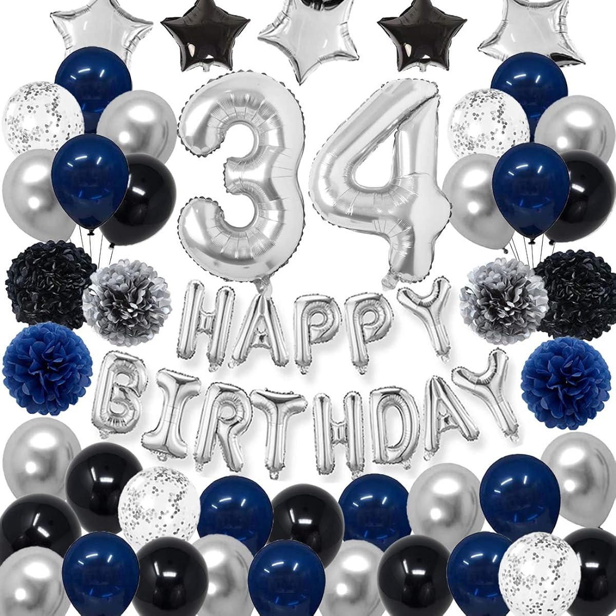 RBYOO 34th Blue Birthday Decorations for Men Boys Women Girls Navy Blue Black Silver Happy Birthday Party Supplies with Pom Poms Flower Confetti Balloons 34 Foil Number Balloons Happy Birthday Banner