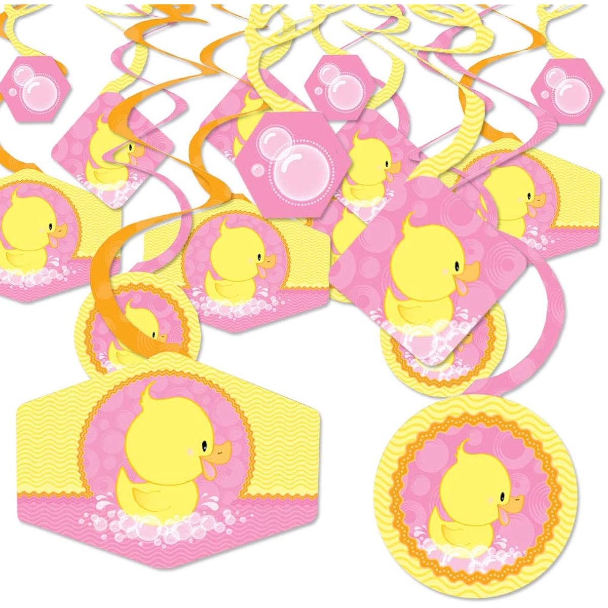 Big Dot of Happiness Pink Ducky Duck Baby Shower Birthday Party Hanging Decorations Party Decoration Swirls Set of 40