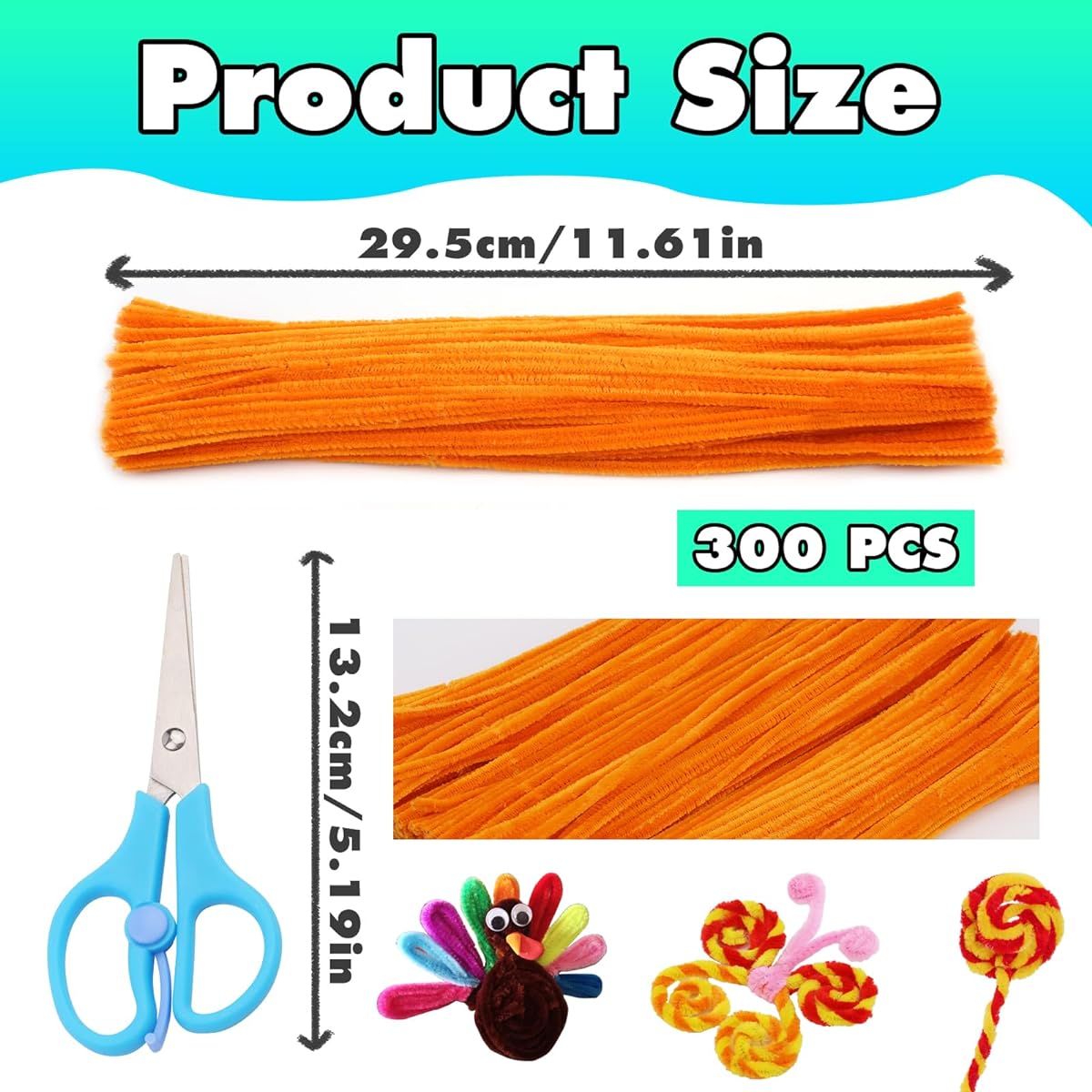 LUNARM 300pcs Pipe Cleaners, Craft Pipe Cleaners with Scissors, Chenille Stems for Arts and Crafts Projects, Pipe Cleaners Chenille Stems Creative DIY Decoration (Yellow)