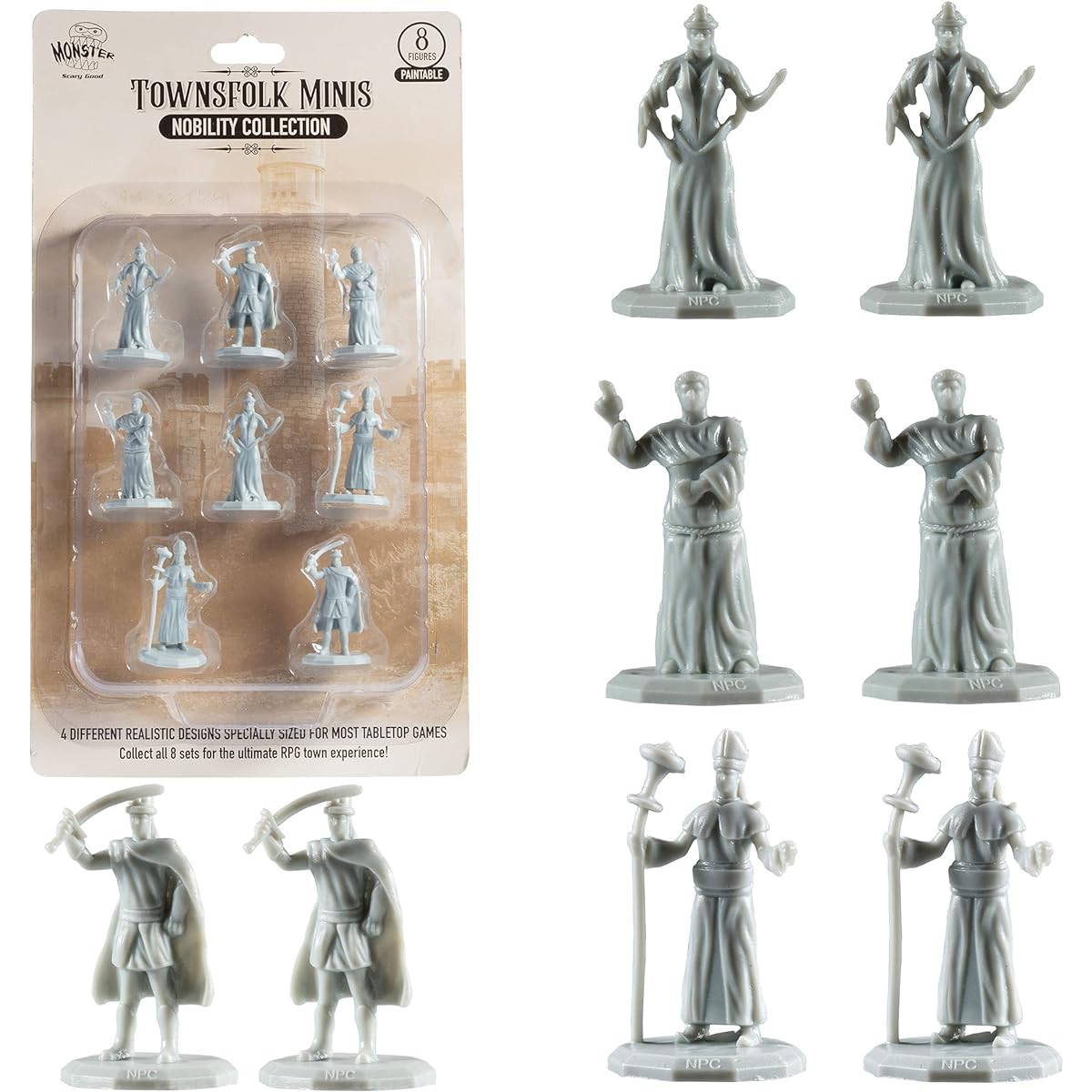 Townsfolk Mini Fantasy Figures - Nobility Class - 8 Paintable Miniatures (2x 4 Unique Sculptures) - Compatible with 1" Hex Size Compatible with DND Dungeons and Dragons, Pathfinder and all RPG Tabletop Games