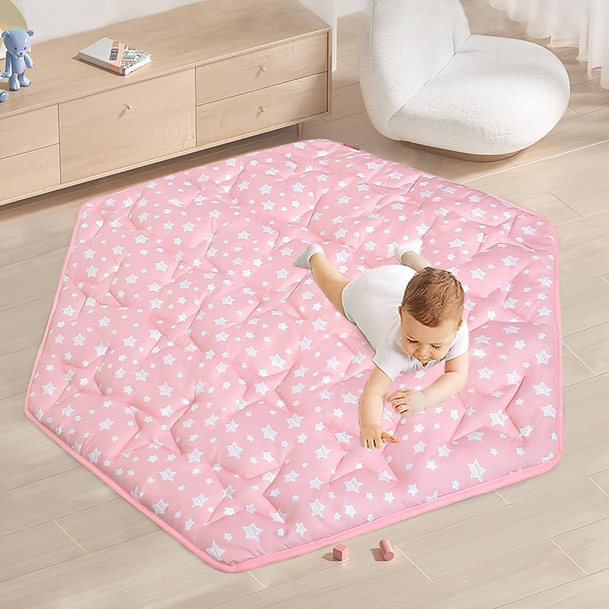 Hexagon Mat Princess Tent Rug Plush Soft Playpen Mat Fits Monobeach Princess Castle Non-Slip Pink Star Nursery Rug Girls Room Decor 55"L x 47"W