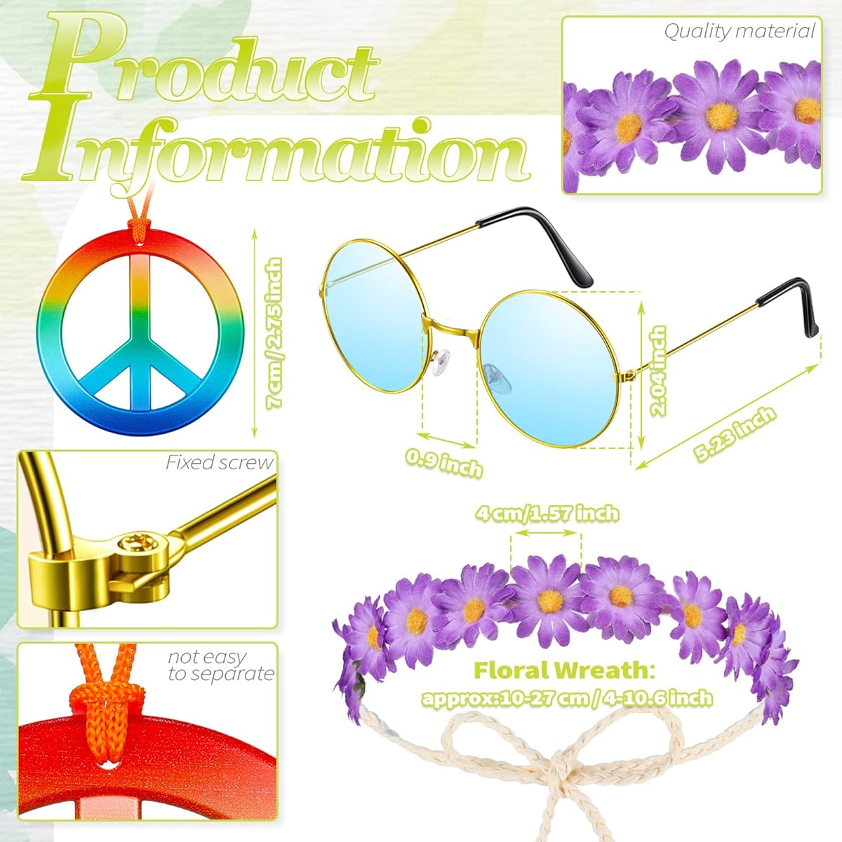 24 Piece Hippie Costume Accessories Set 60's 70's Party Decorations for Women Sunflower Headband Hippie Sunglasses Rainbow Peace Sign Necklace Hippie Party Supplies