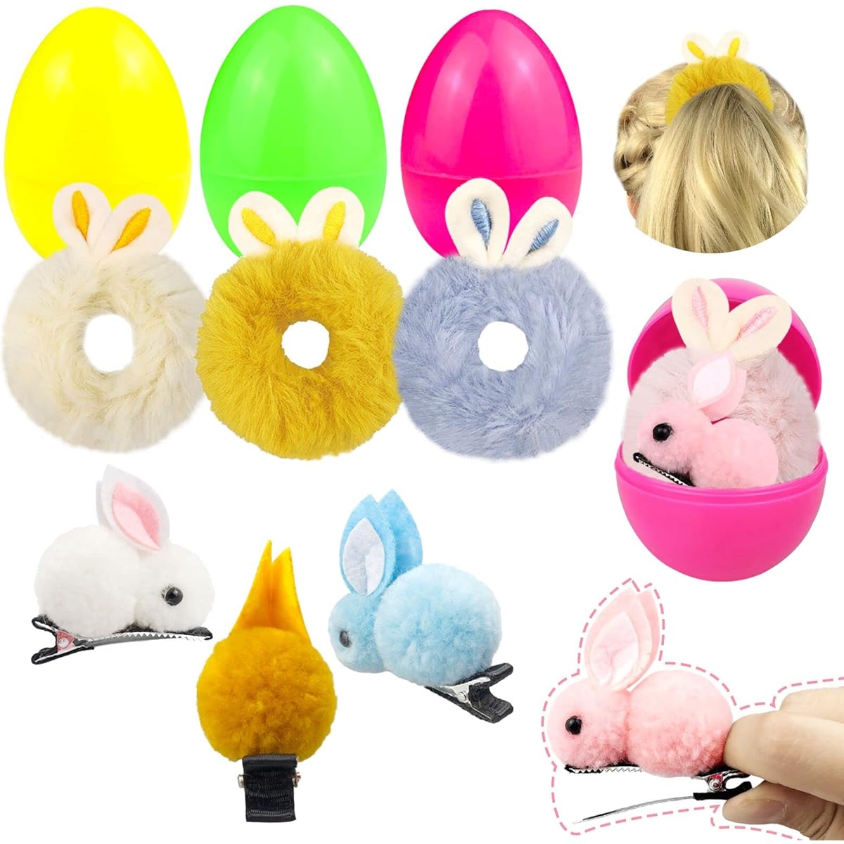 Easter Eggs Easter Basket Stuffers for Toddlers Girls 4 Pack Eggs with Cute Bunny Hair Clips and Hair Ties Colorful Plastic Pre-filled Easter Eggs with Toys for Kids Easter Gifts