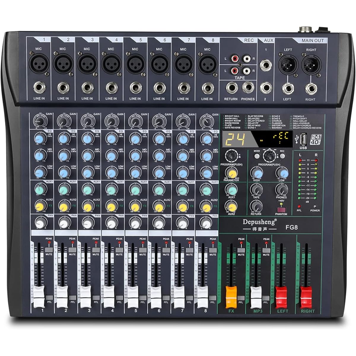 Depusheng FG8 Professional DJ Sound Controller with 24 DSP Effects 8 Channel Mixer MP3 Player Bluetooth Input 48V Phantom Power 3 Band Equalizer, Suitable for Bar Performance Studio