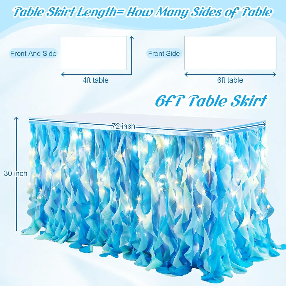 Maxcheck 1 Set Tutu Table Skirt with LED Lights 6ft Curly Tulle Table Skirt Decoration Ruffled Willow Table Skirt for Rectangular Table 6ft Desk Skirt Tablecloth for Birthday Party Wedding (Blue)