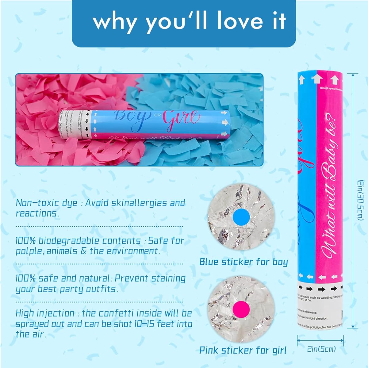 Gender Reveal Cannons 4 Pack Gender Reveal Powder Cannon Gender Confetti Powder Cannon for Gender Reveal Ideas (4 Blue) Biodegradable Streamers Gender Reveal Party Poppers Powder Smoke Confetti Shooters