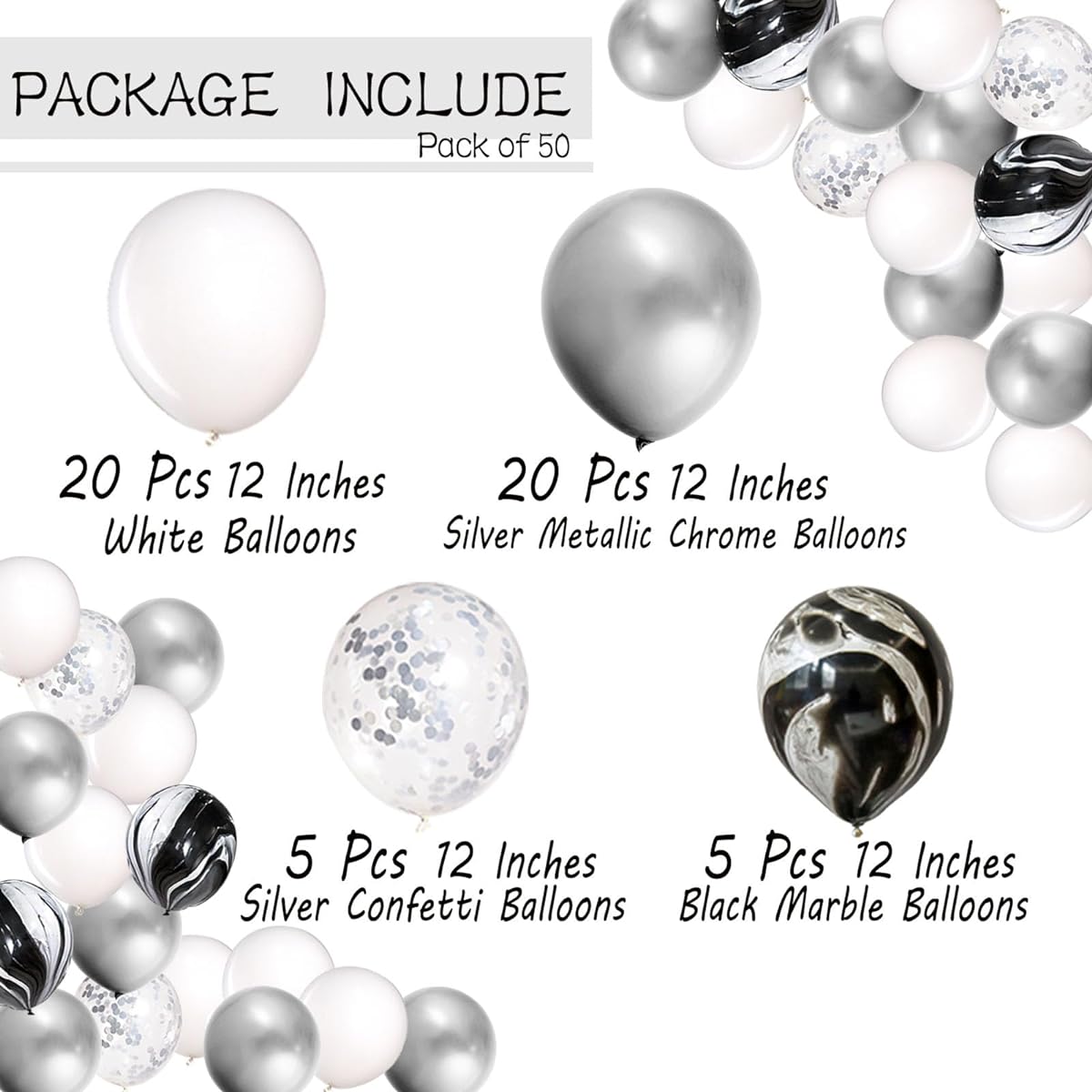 Mayen 50pcs 12inch Black Silver White Balloon Set Black Marble Balloons Silver Metallic Chrome and Silver Confetti Balloons Black and Silver Birthday Party Decorations Party Supplies