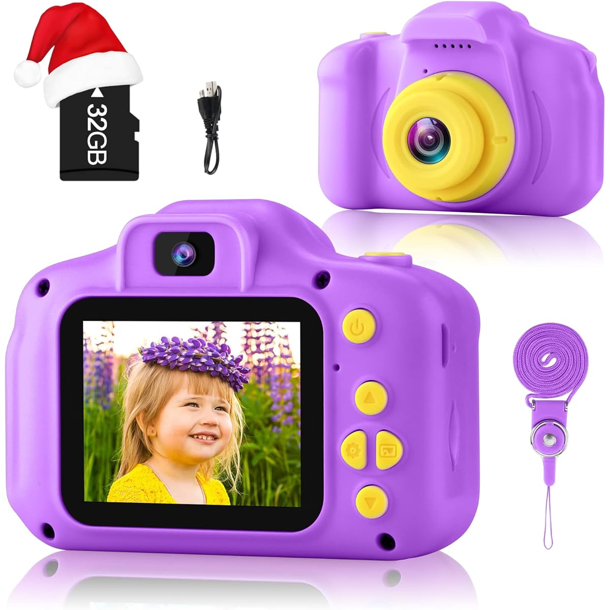 GKTZ Gifts for 3-8 Year Old Girls, Kids Camera Digital Selfie Toddler Camera Video Camcorder for Kids Birthday Gift for 3 4 5 6 7 8 Year Old Girls with 32GB SD Card - Purple