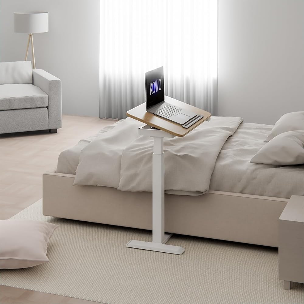 KOWO [Electric lift type] [Top plate can be tilted] U-shaped side table with casters Width 70CM x Depth 40CM Sofa/Bedside/Garden Stepless height adjustment Wood grain