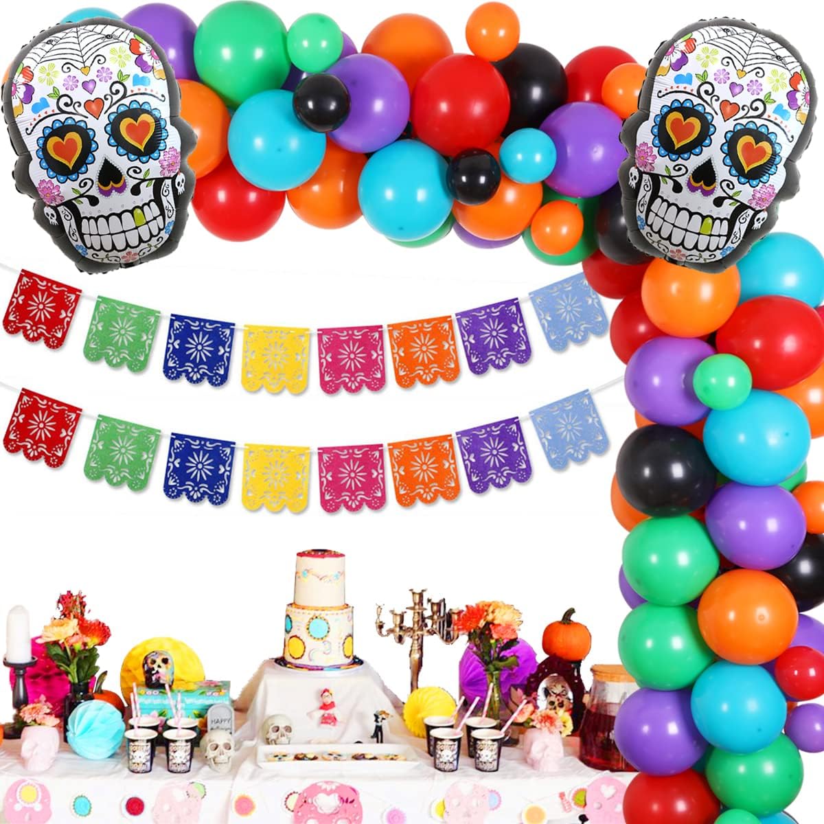 Day of the Dead Party Decorations Dia De Los Muertos Sugar Skull Decorations - Papel Picado Banner Balloon Garland Kit Day of the Dead Party Supplies Halloween Decorations Indoor Outdoor