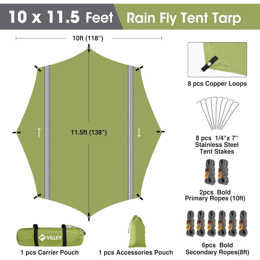 VILLEY Tarp, Camping Tarp, Sun Shelter, Tent Tarp, Awning, 3.5x3m, PU Coating, Flame Retardant Material, UV Protection, Light Blocking, Heat Shielding, Waterproof, Outdoor, Storage Case Included (Green)