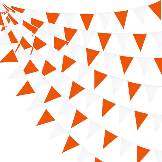 32ft Orange White Fabric Bunting Banner Party Decorations Triangle Flag Pennant Garland for Fall Wedding Birthday Party Thanksgiving Home Nursery Outdoor Yard Hanging Decor